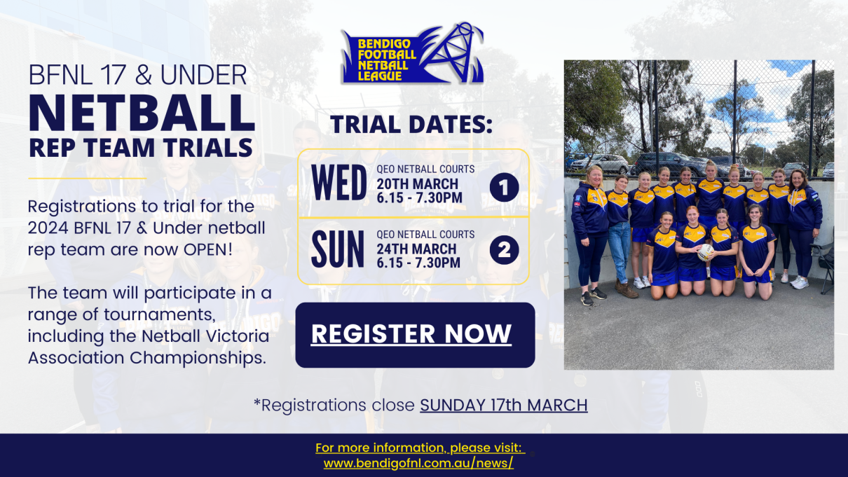 REGISTER NOW: 2024 17 & Under BFNL Netball Rep Team trials